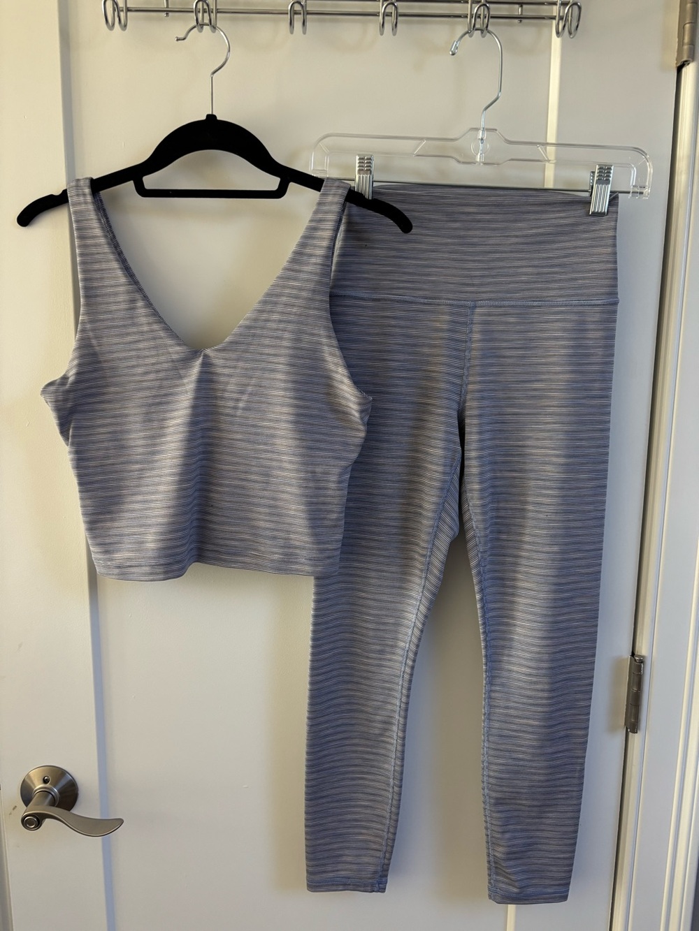 Athleta Seamless V-Neck Crop Top & High-Waist Legging Set - Blue/Grey stripped